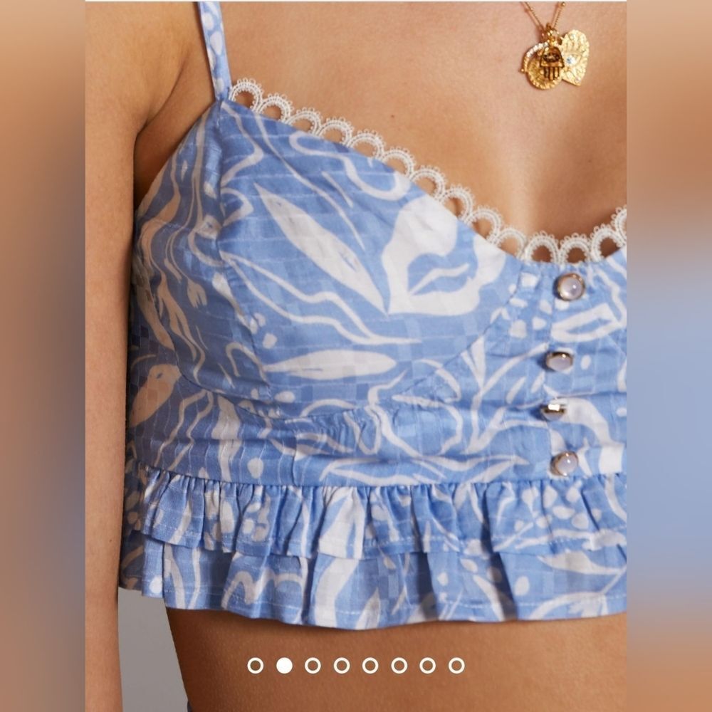 Anthropologie Rahi Ruffled Cropped Blue Floral Top Bralette Size Medium
